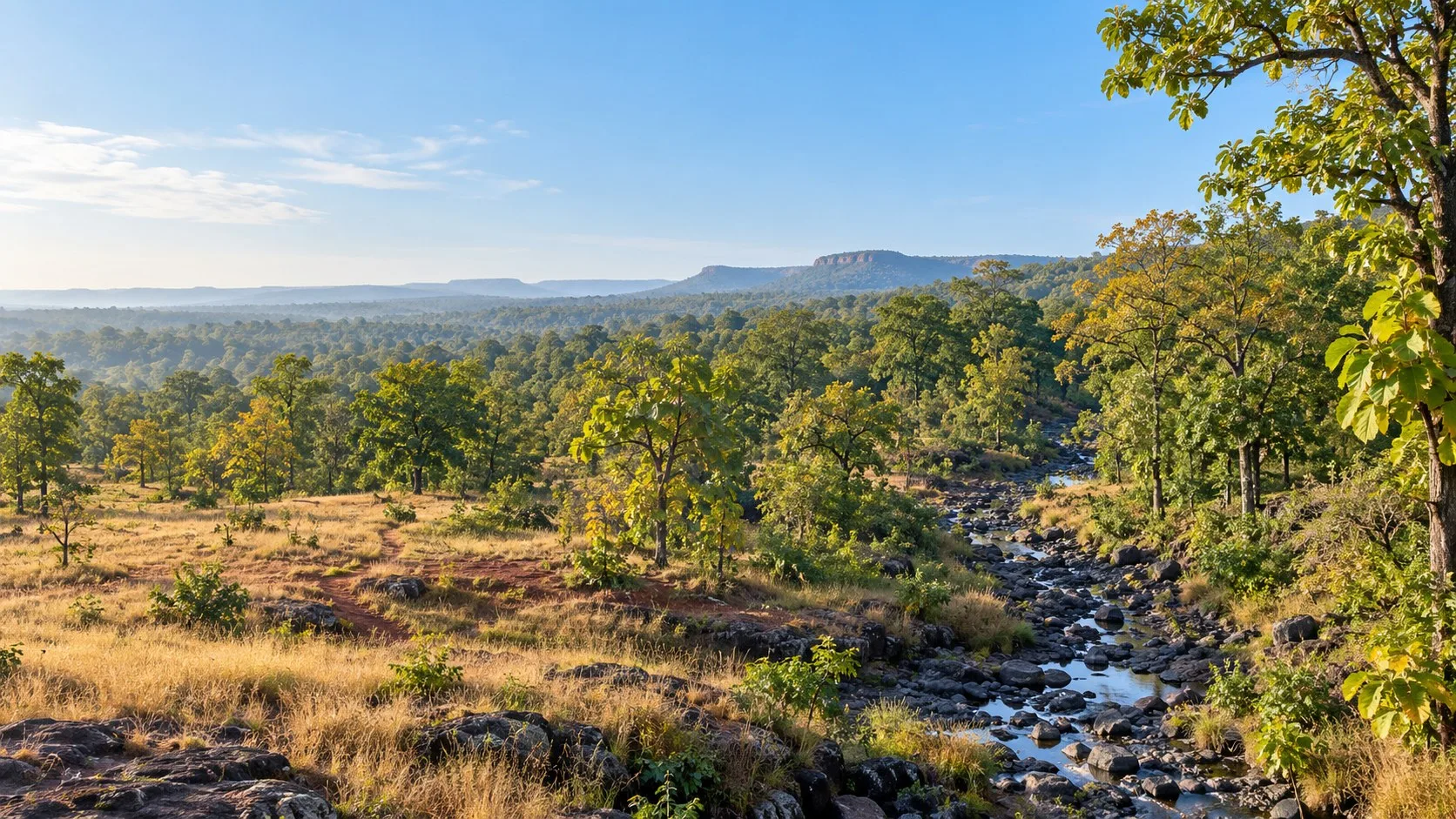 Dry deciduous forest of the Umred hills with a rocky stream, early morning.